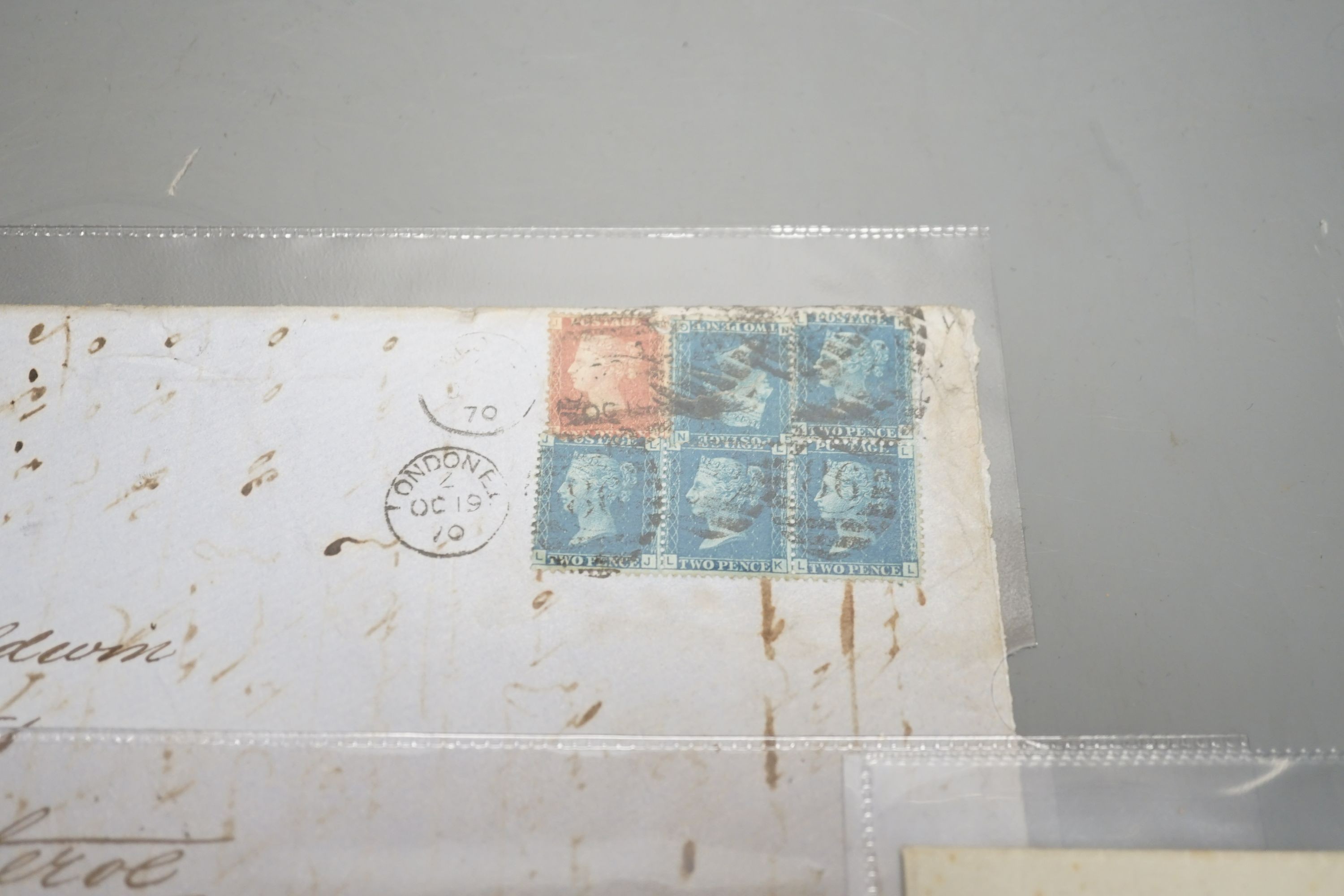 Great Britain group of seven covers with Dec. 1840 1d black plate 4, Feb. 1841 1d black, pair plate 8 to Southampton, Apr. 1841 1d black plate 7, 1856 2d blue. Two large covers with 1d reds and 1858 2d blue. 1858 pair 4d